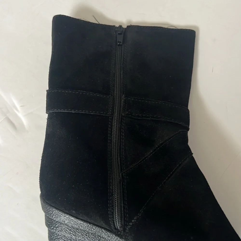 Anne Klein Black Suede Zippered Side Wedged Heel Boots